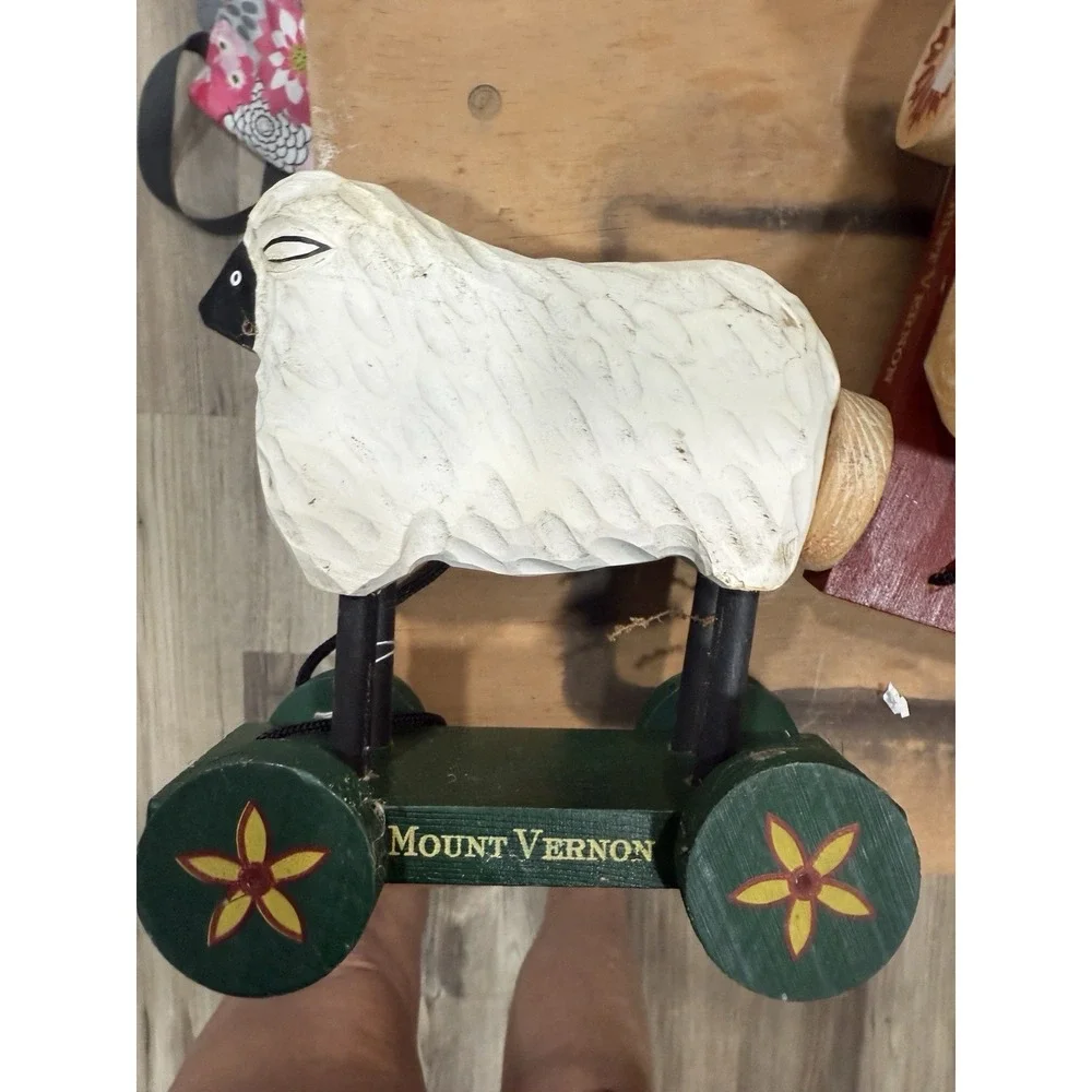 Wood Pigs Chicken And Sheep Pull Toy Carved Folk Art Mount Vernon Estate